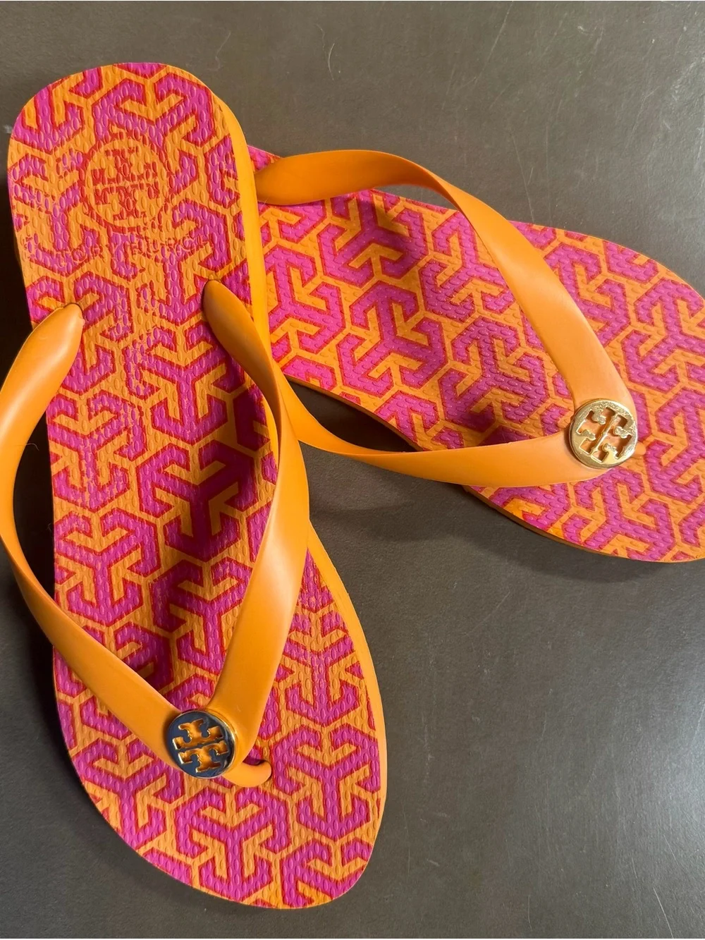 Tory Burch Orange & Pink Logo Flip Flop Sandals